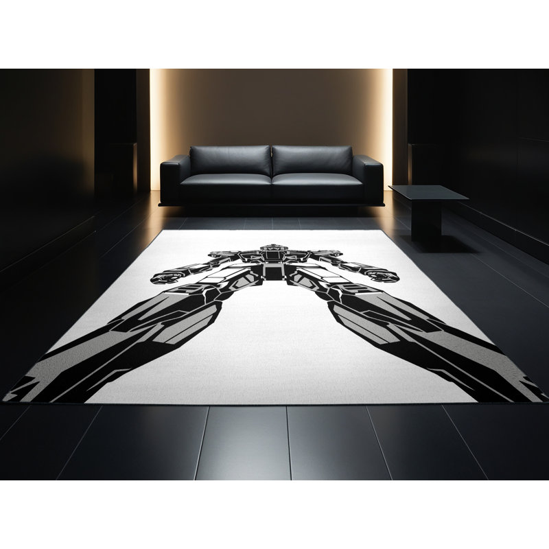 Tapis géométrique moderne bleu et noir lavable à la machine Aidan, 4 x 6