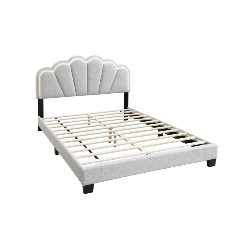 Tête de lit blanche à motif floral en laine grand lit 1pc avec cadre de lit plateforme entièrement rembourré à DEL