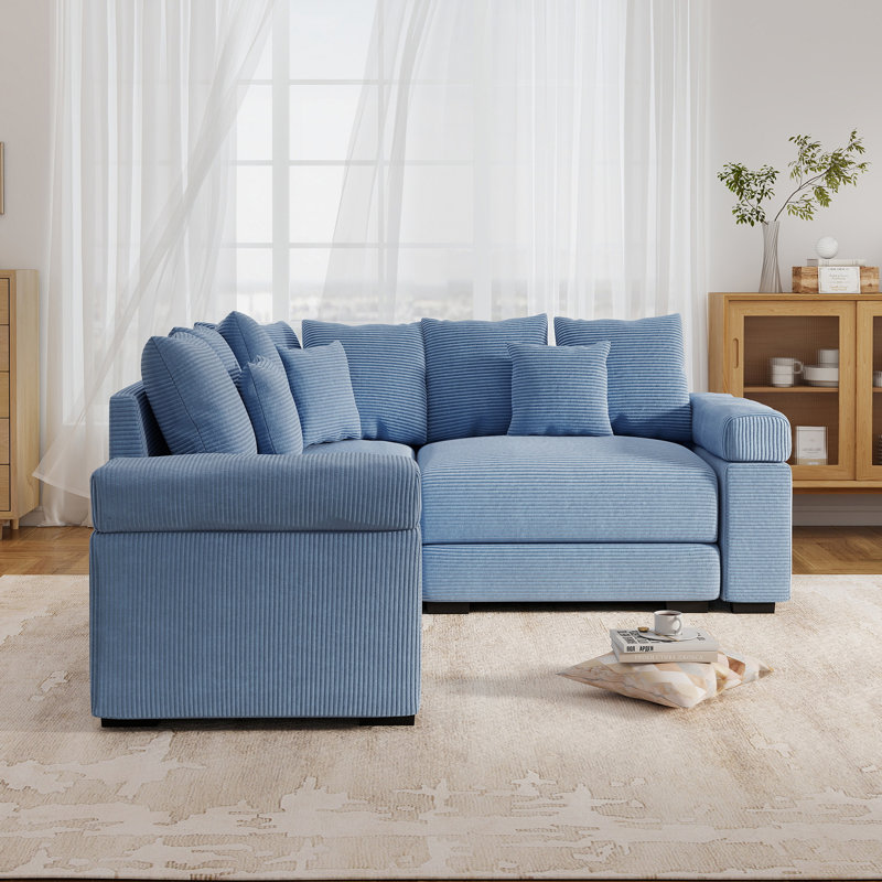 79" L-Shaped Corduroy Upholstered Sectional, Blue Corduroy