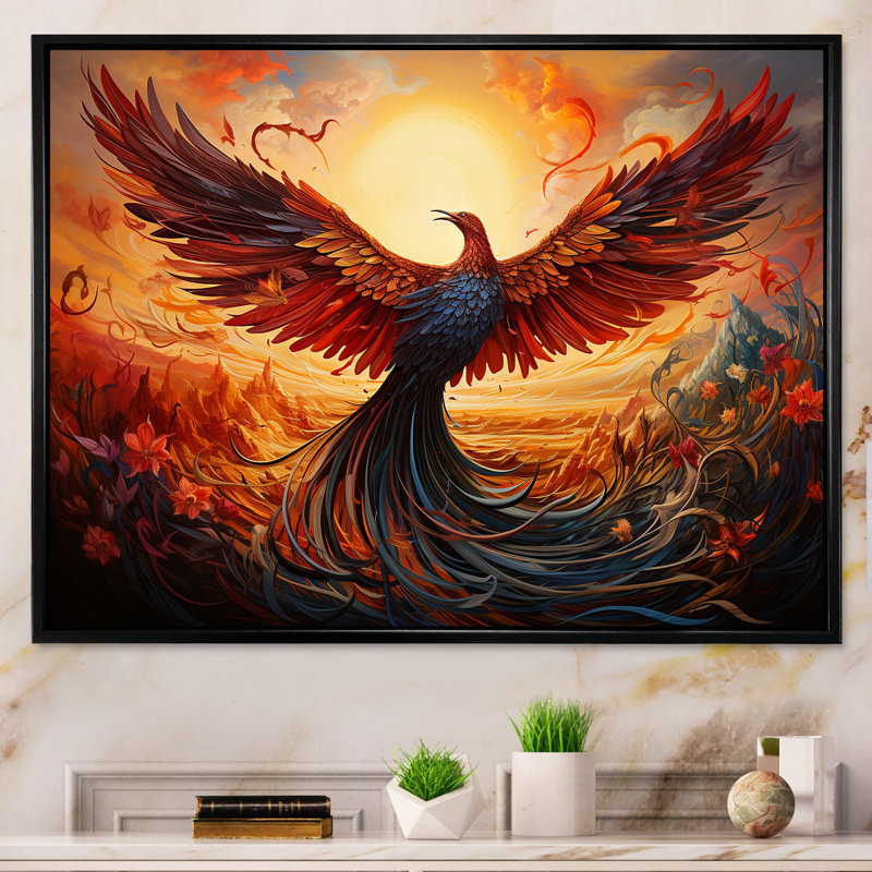 Art mural, résilience, renaissance du Phénix II, H 34 po x l 44 po x P 1,5 po, Cadre flottant noir