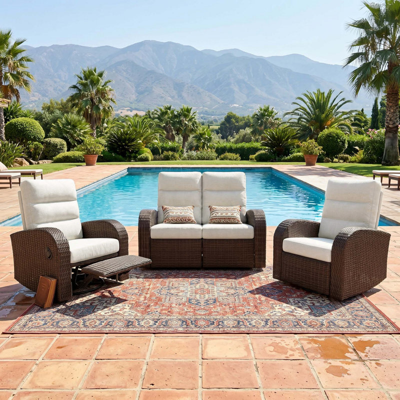 Oversized Wicker Outdoor Reclining Loveseat Sofa Set, 2-Seater Recliner Couch With 6" Cushions, Beige, Brown