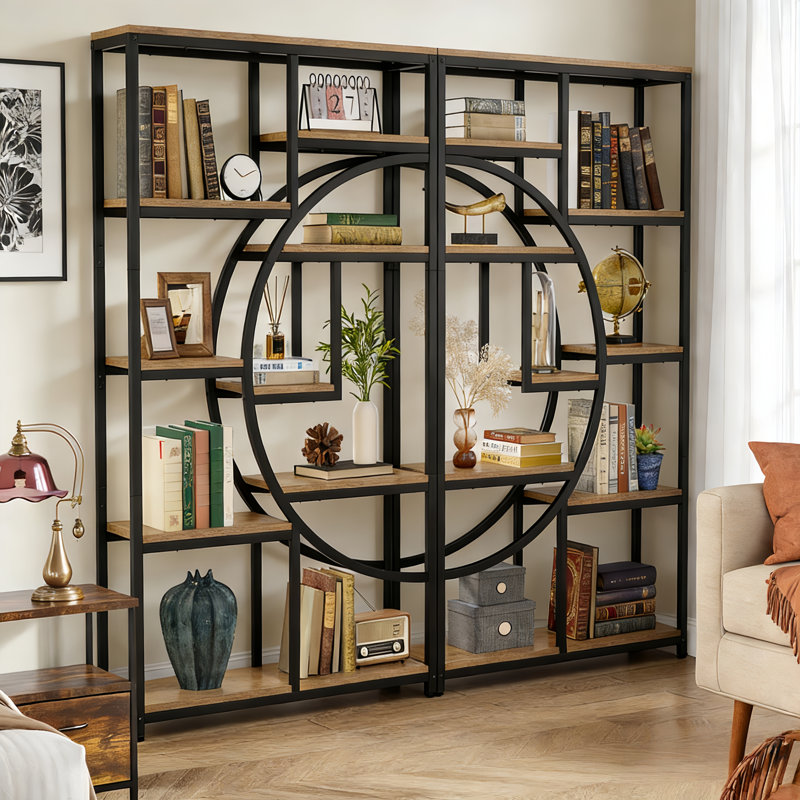 175cm H x 95cm W Steel Geometric Bookcase, Light Brown/Black