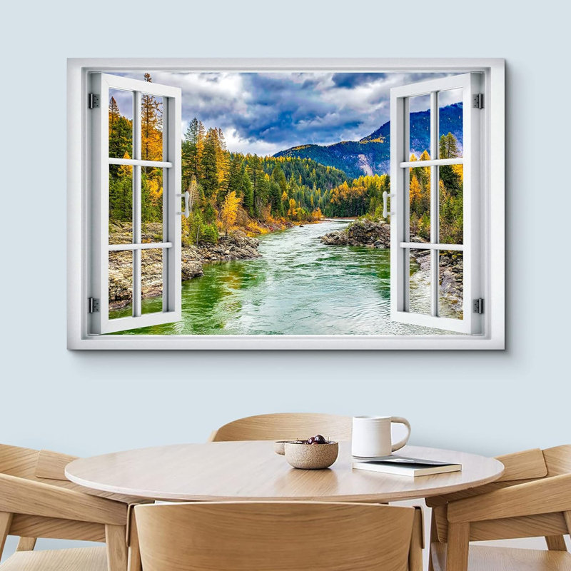 Fenêtre de paysage «Window View Autumn Forest River Stream Mountains Nature Scenic Landscape» sur toile, H 16 po x l 24 po