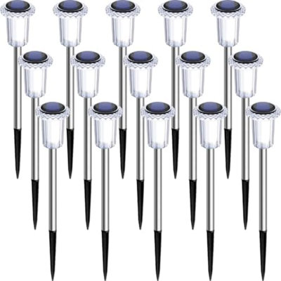 Solar Lights Outdoor 15 Pack Waterproof 6000K Cold White LED Stainless Steel Stake For Pathway Yard Garden Driveway Solar Powered Outside Décor