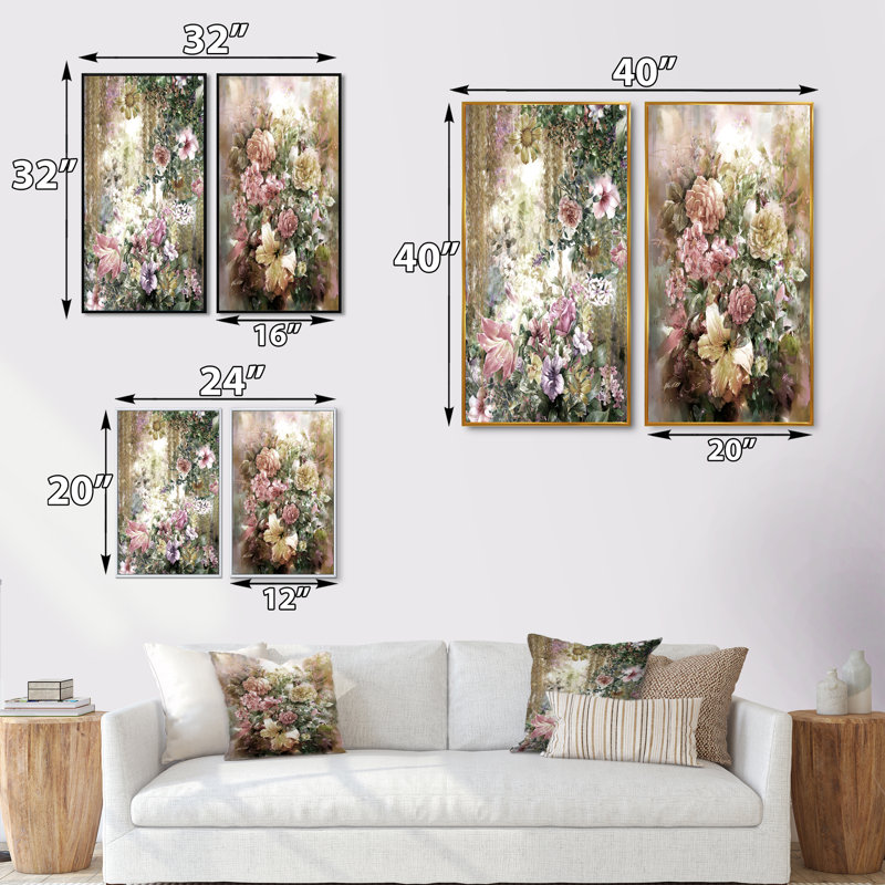 «Grunge Pink Green Summer Flowers», ensemble de 2 peintures sur toiles, H 40 po x l 40 po x P 1 po, Cadre flottant doré