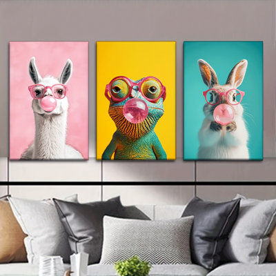 Impression sur toile 3 pièces Trendy Animal Bubble Gum pour chambre d'enfant ludique
