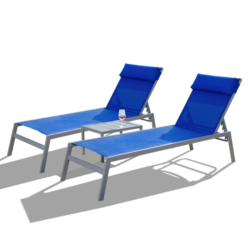 Adjustable Reclining Metal Outdoor Chaise Lounge with Table (Set of 3) , Blue