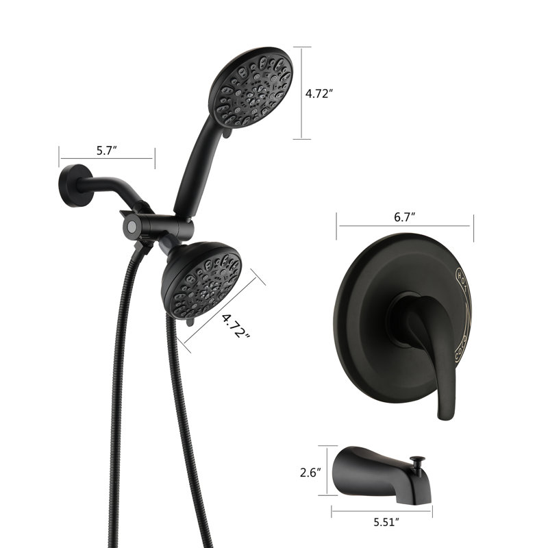 Wall Mounted Shower System With Tub Spout - Matte Black. 2 In 1 Dual Faucet Valve. 7 Spray Modes For Stress Relief. All Metal. 1.8 Gpm Flow Rate. 59" Hose Length. 1/2" Connection Black High Faucet.