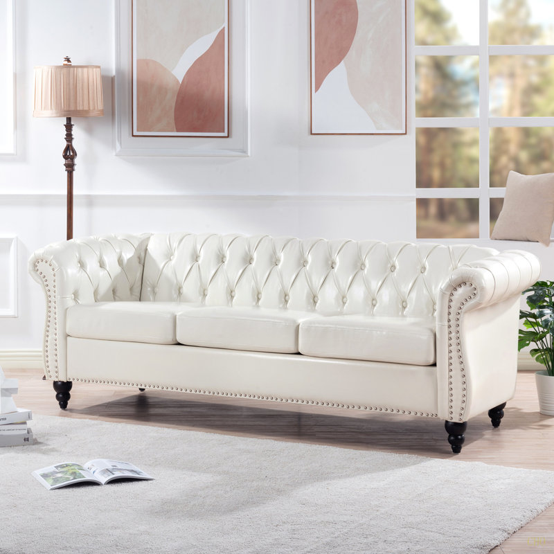 Canapé Chesterfield à accoudoirs roulés 3 places 84,65 po, Blanc