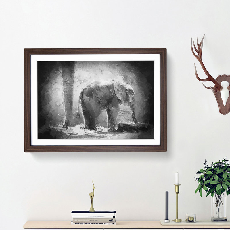 Mother and Baby Elephant Together in Abstract - Picture Frame Painting Print, 27cm H x 36cm W x 2cm D, Walnut Framed