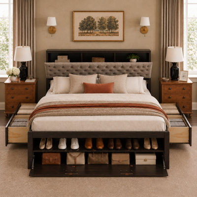Wood Storage Platform Bed with Drawers, Headboard Shelves and Shoe Rack