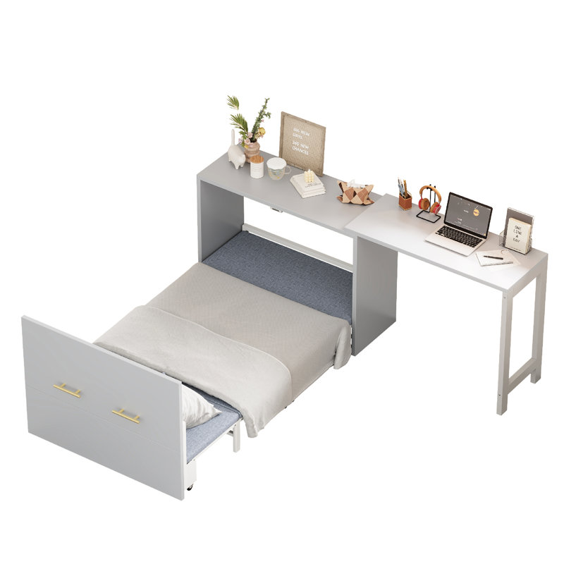 Armoire-lit simple gris avec bureau réglable multi-directions et coussin pliable, fonctionnel pour les appartements, petits espaces repositionnables,