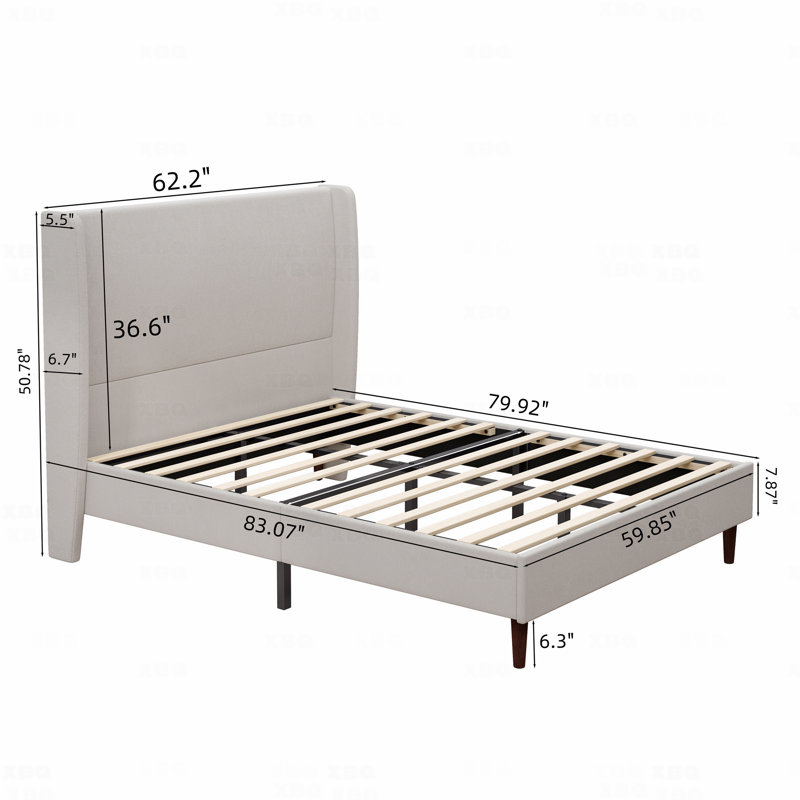 Bed Frame Queen Size High Headboard Upholstered Bed, 12-Slat Support