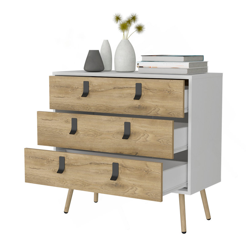 Commode 3 tiroirs, rangement chic moderne avec pieds en bois