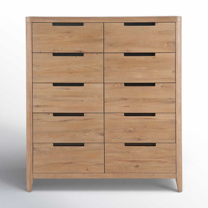 Natural Oak 10-Drawer Modern Chest with Dark Pulls