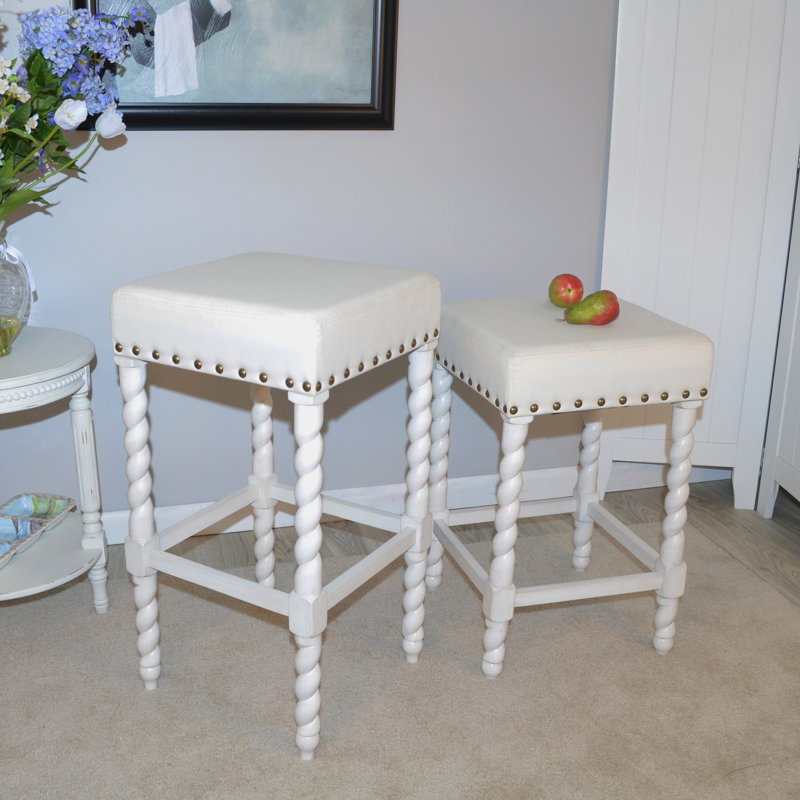 Elegant Cream 24-Inch Counter Stool with Barley Twist Legs, Vintage White, Counter Stool (24" Seat Height)