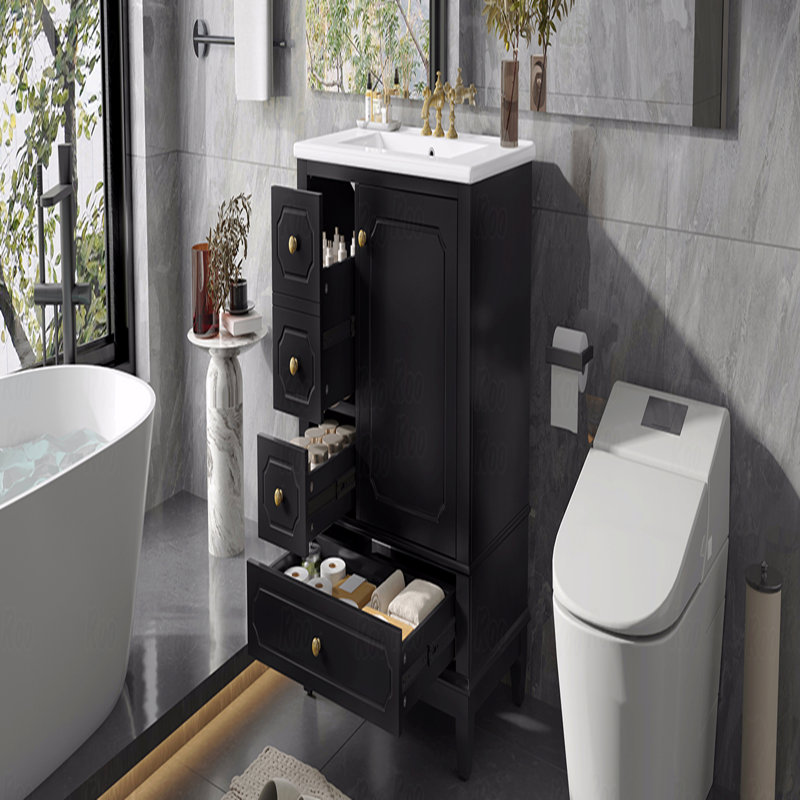 Meuble-lavabo 30 po avec lavabo, meuble-lavabo autoportant noir avec lavabo en céramique, structure en bois massif, porte à fermeture en douceur, 3 tiroirs