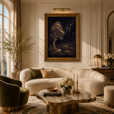 Golden Tree With Constellation Branches Over Cityscape Canvas Wall Art