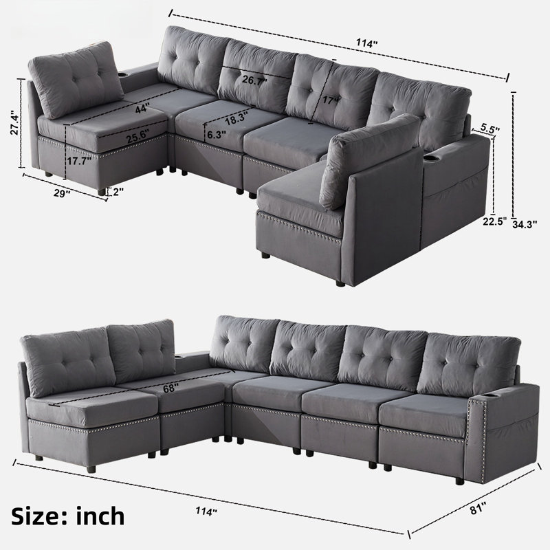 Canapé modulaire avec rangement, Velours gris velours