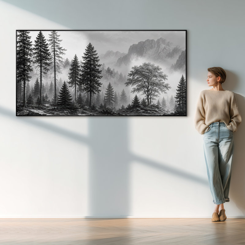 Très grand art mural imprimé sur bois - Forêt de pin brumeux noir rustique - "Assemblage requis (cadre non fini)"