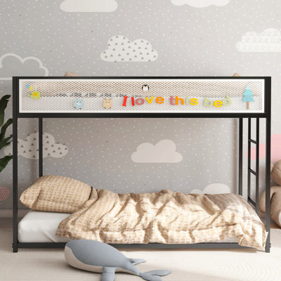 Lit superposé en métal noir Adam avec barrière de sécurité en maille blanche pour enfants et adultes, profil bas et facile à monter avec échelle stable