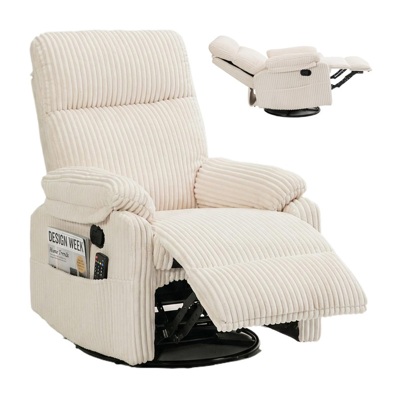 Fauteuil inclinable à bascule pivotant à 360° en velours côtelé beige avec repose-pieds, idéal pour les petits espaces et les chambres d'enfants.