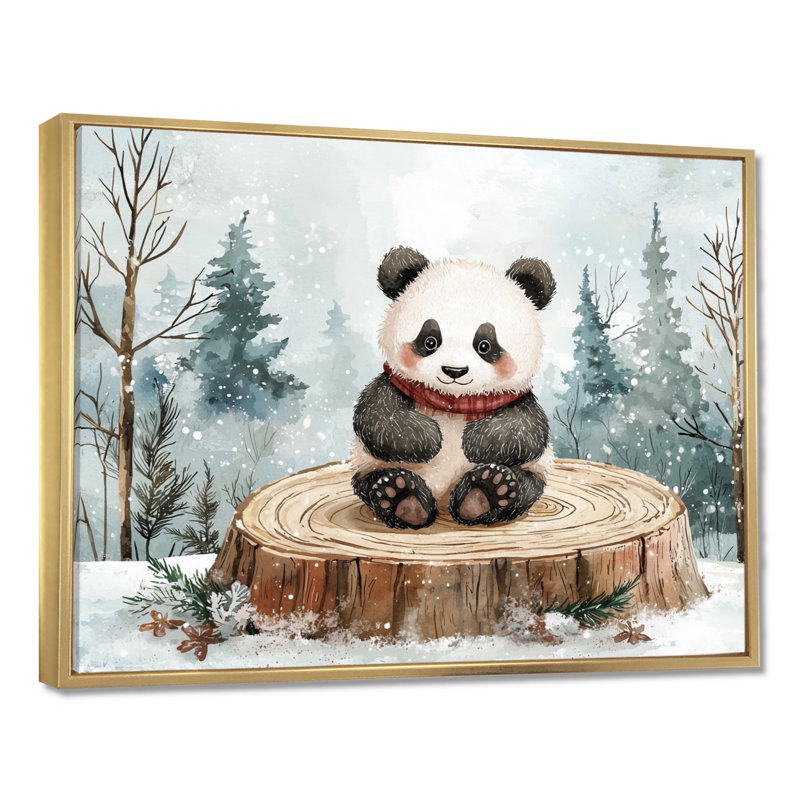 Marlborough, joli panda dans un paysage d'hiver - art mural panda, H 16 po x l 32 po, Impression encadrée flottante, Doré