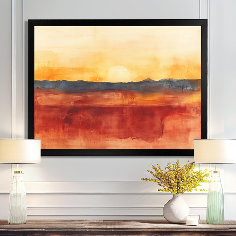 Horizon désertique orange et gris en rouille et argile II - Paysages abstraits - Tableau encadré, H 24 po x l 32 po