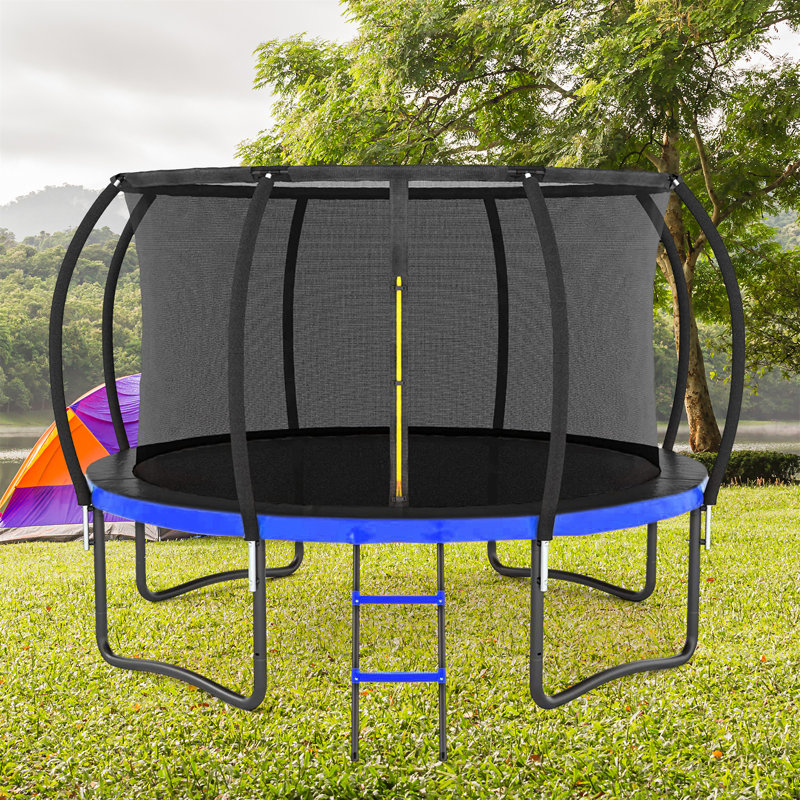 Grand trampoline extérieur 12 pi avec filet de sécurité intérieur, échelle, rembourrage en PVC pour enfants, Bleu