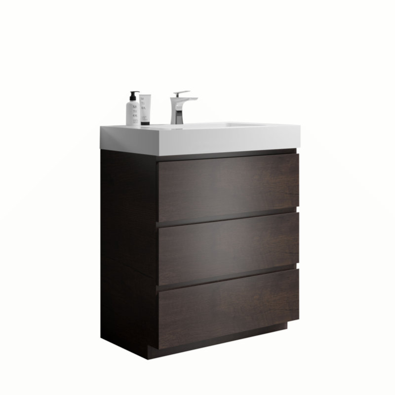 Meuble-lavabo autoportant de 30 po avec lavabo, grand meuble-lavabo autoportant pour salle de bain moderne, lavabo une pièce noir sans drain ni robinet, pré-assemblé