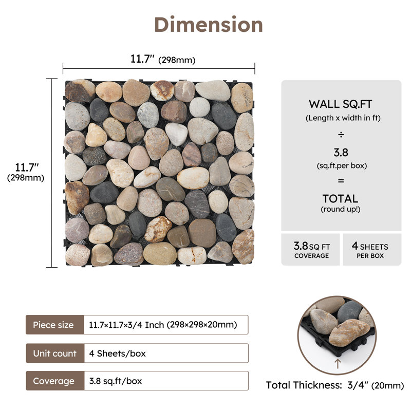 Diflart Natural Stepping Pebble Stones Deck Tiles for Outdoor, River Rock, 4 Sheets, River Rock