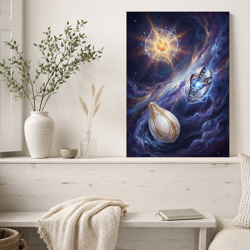 Tableau sur toile « Trois œufs lumineux dans une nébuleuse cosmique », H 36 po x l 24 po