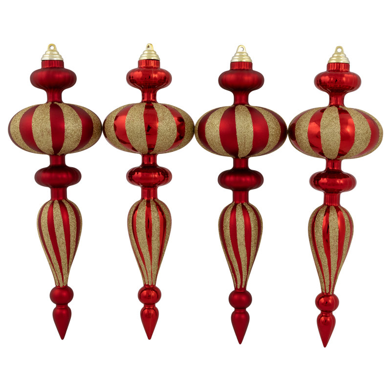 Commercial Size Shatterproof Finial Christmas Ornaments - 14" - Set Of 4, Red/Gold