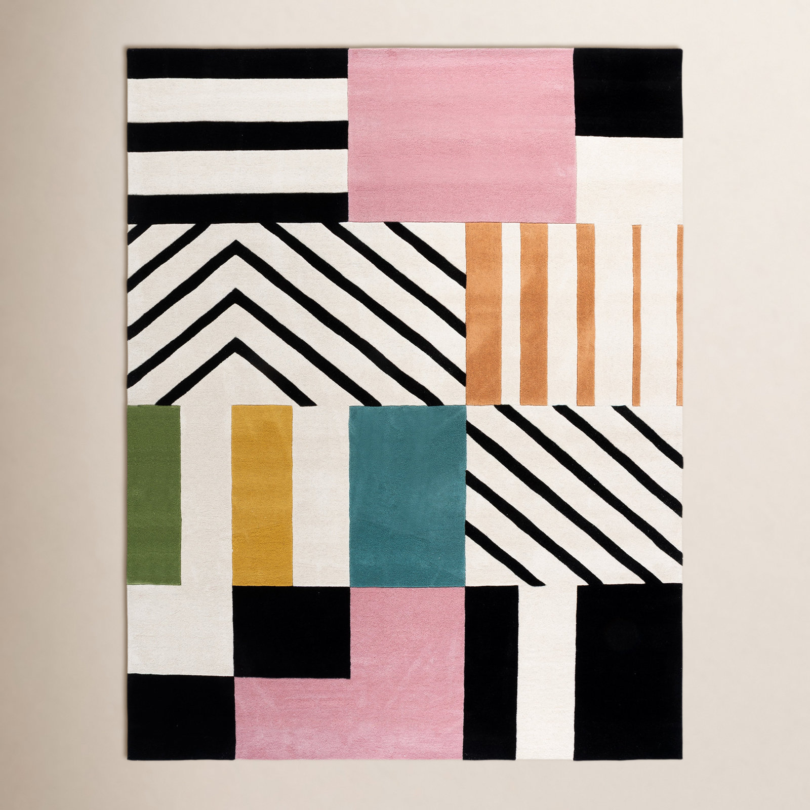 Tripoli Hand Tufted Wool Ivory/Black/Pink Rug, Rectangle 8' x 10'