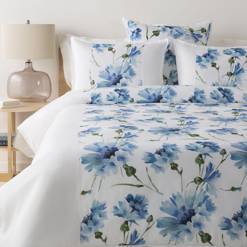 Traditional Cotton Floral Duvet Cover, King, White/Grass Green/Dark Brown/Aqua/Pale Blue/Blue