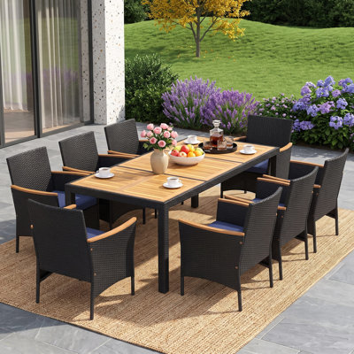Ensemble repas 9 pièces avec plateau en bois d'acacia, trou pour parasol et coussins de siège