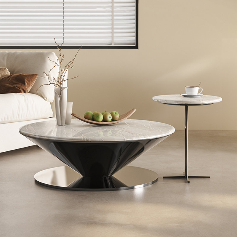 Table basse ronde en marbre avec soucoupe volante, H 15 po x L 35,4 po x l 35,4 po, Blanc