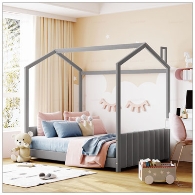 Lit en velours avec toit et bandes de tête de lit, structure en bois de pin robuste pour les enfants