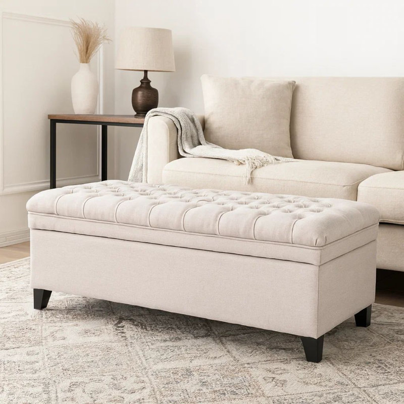 Rhya Storage Bench Ottoman, 50 Inch Seat, Button Tufted Gray Fabric, Light Gray