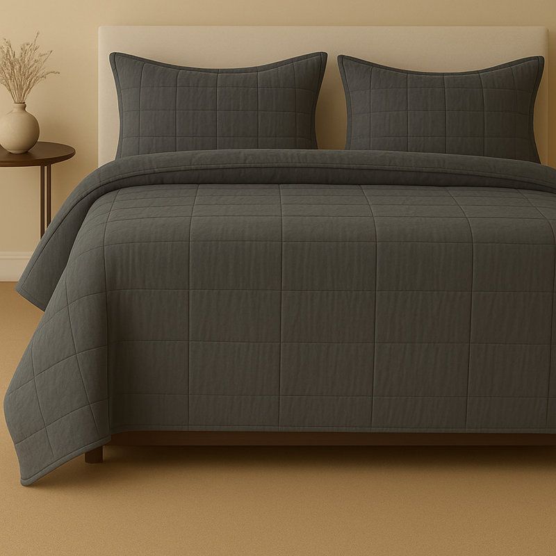 Cotton Canvas Coverlet Set , King Bedspread + 2 King Shams, Charcoal