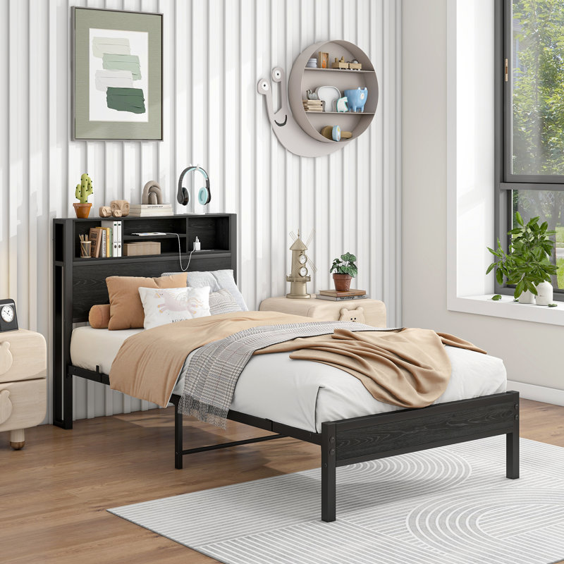 Bed Frame with Storage Headboard, Twin, Black