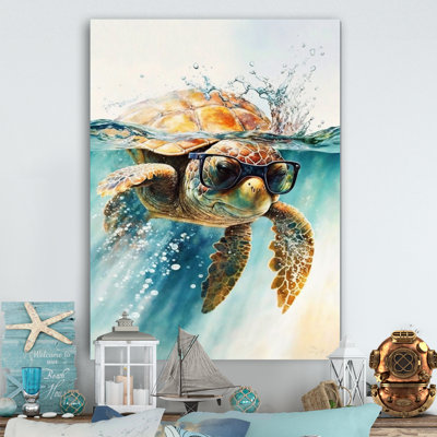 Turtle with Glasses in the Ocean III - Print on Canvas