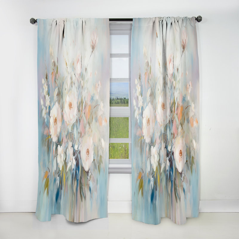 Cabildo - White Grey Carnation Flower - Traditional Velvet Curtain - Room Darkening - 1 panel, 52" W x 90" L