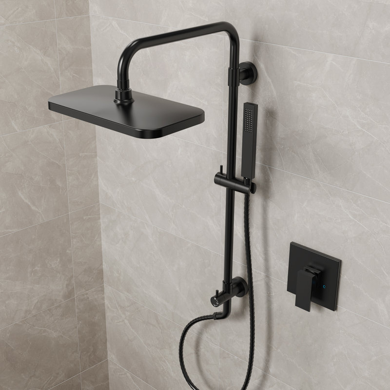 Wall Mount Pressure-Balanced Shower System, 13" Rainfall Shower Head with Slider Bar Handheld Spray, Matte Black