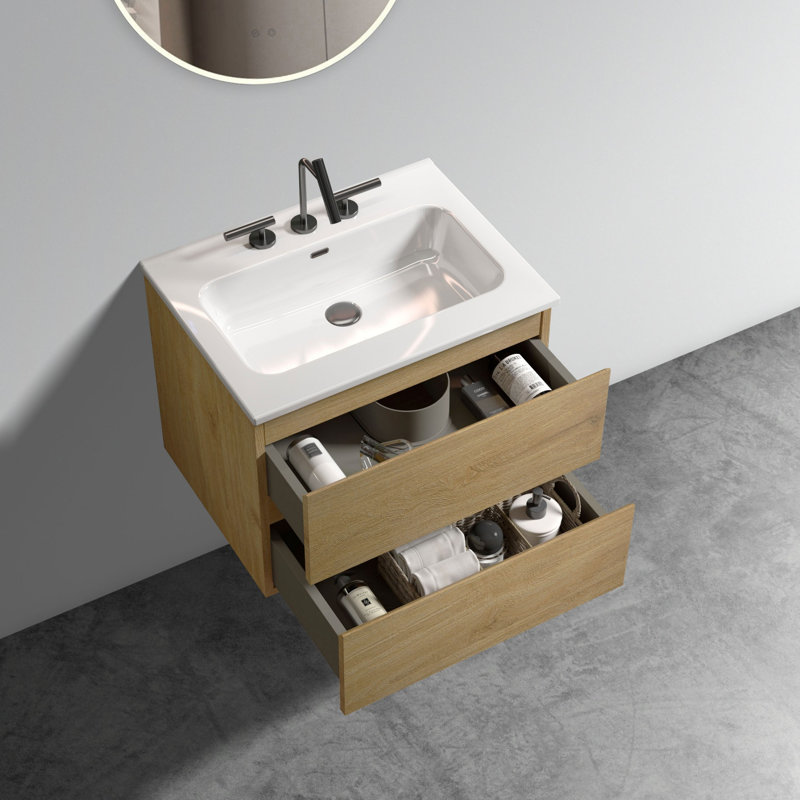 Meuble-lavabo mural 24 po avec lavabo en céramique, Chêne