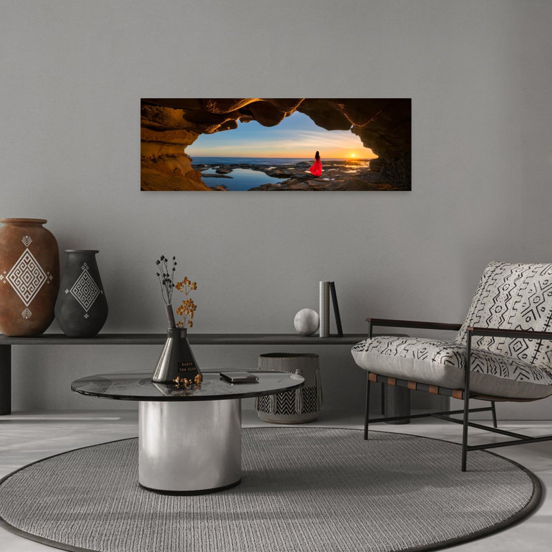 Woman Red Dress Cave Sunset by Jingshu Zhu - Wrapped Canvas Panoramic Print, 30.48 cm H x 91.44 cm W