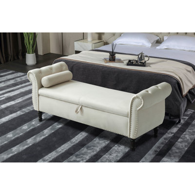 Aijia 63 "Velvet Multifonctionnel Banc de rangement rectangulaire Canapé Tabouret Boutons capitonnés cloutés avec repose-pieds et pieds en bois massif avec 1 coussin