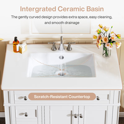 Meuble-lavabo simple 36 po avec plateau en céramique, tiroirs et armoire
