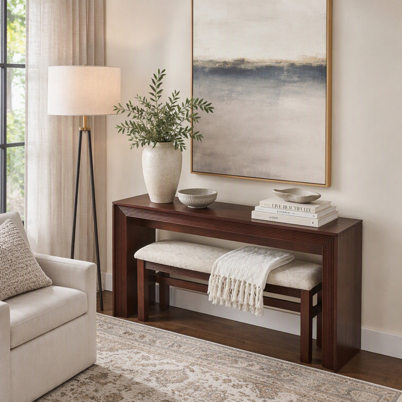 Console haute cannelée avec banc recouvert de tissu, Cerisier