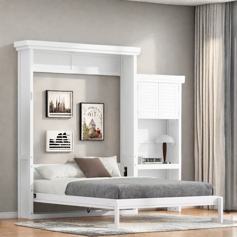 Lit escamotable avec tablettes de rangement et décoration à persiennes, Blanc